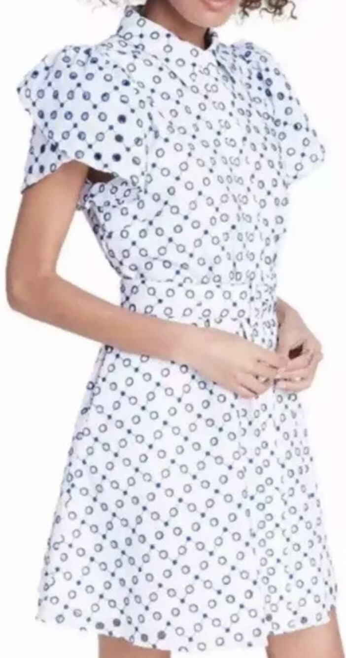 Alexis Target Dot Tulip Sleeve Embroidered Shirtdress Eyelet Belted White Blue